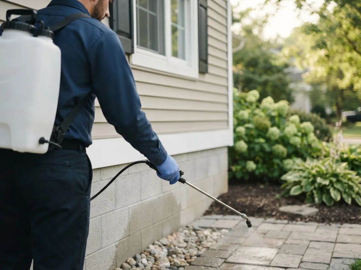 Pest control technician inspecting a home in Portage, PA